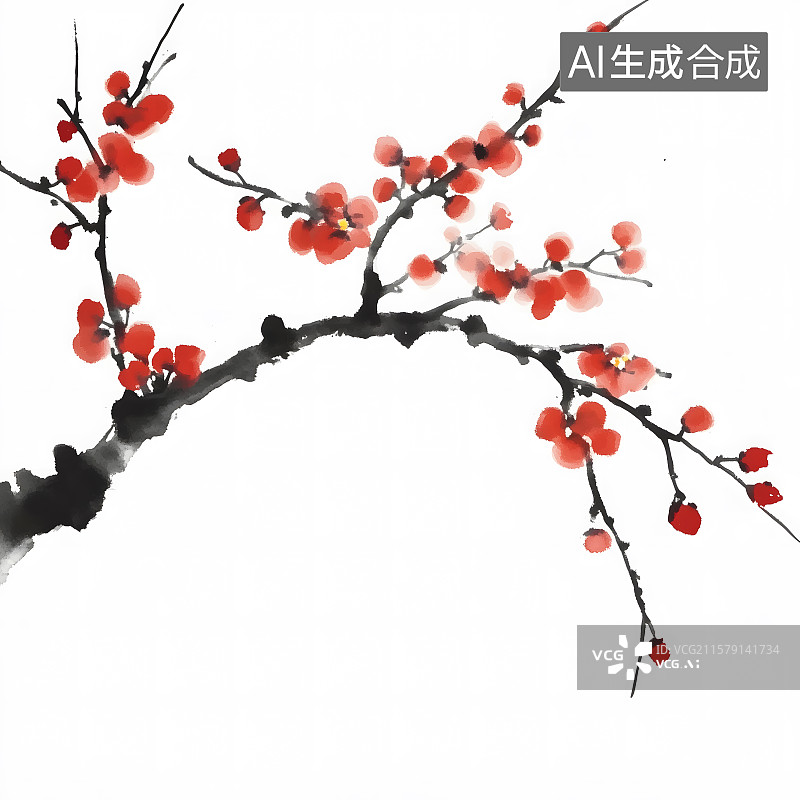 【AI数字艺术】盛开的樱花的树枝。樱花枝在白色背景上开花，现代水墨画红梅,水墨红梅写意红梅,红梅画图片素材