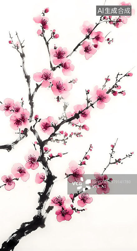 【AI数字艺术】盛开的樱花的树枝。樱花枝在白色背景上开花，现代水墨画红梅,水墨红梅写意红梅,红梅画图片素材