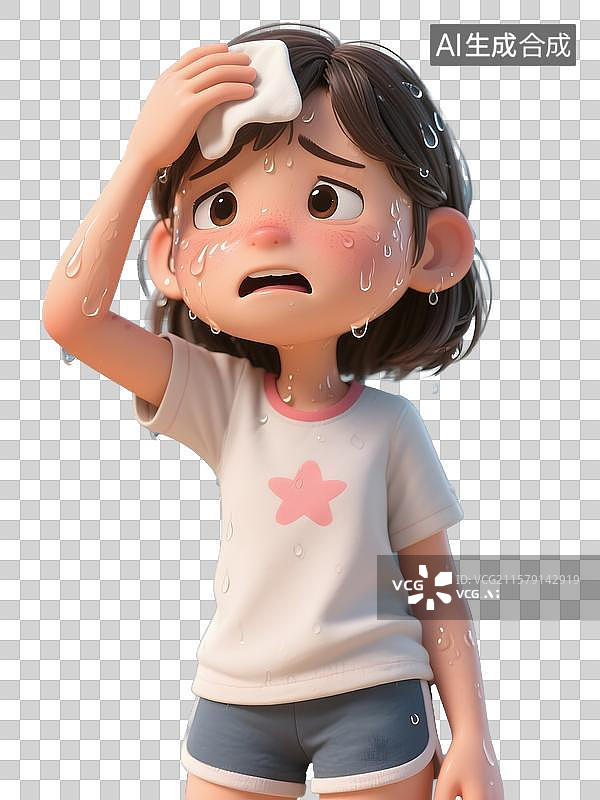 【AI数字艺术】3D一脸难受的女孩在擦汗图片素材