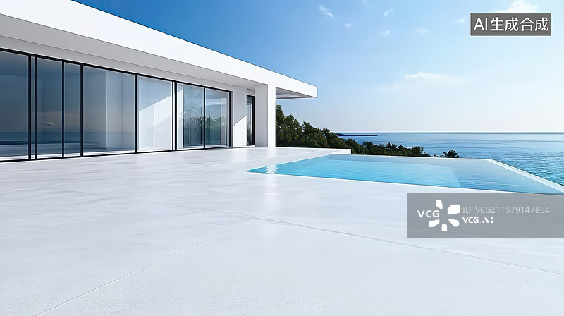 【AI数字艺术】现代别墅海边泳池景观图片素材