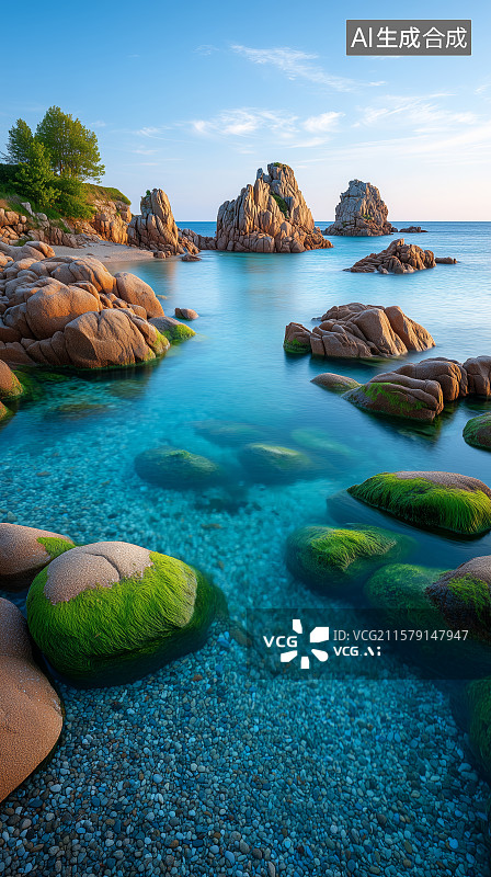 【AI数字艺术】清澈海水中的岩石与绿藻图片素材