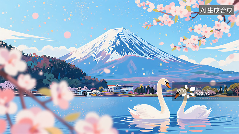 【AI数字艺术】春天雪山樱花湖泊天鹅风景插画图片素材