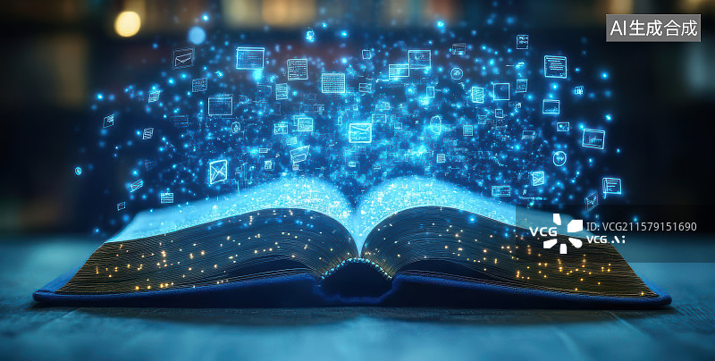 【AI数字艺术】科技魔法书悬浮数字图书馆图片素材