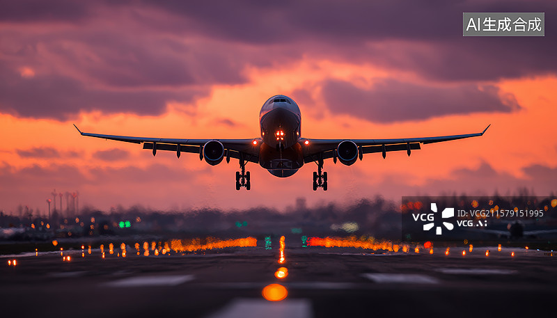 【AI数字艺术】夕阳下的起飞瞬间图片素材