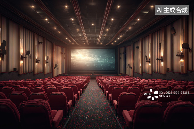 【AI数字艺术】电影院放映厅，大屏幕上正在放映的电影节目图片素材