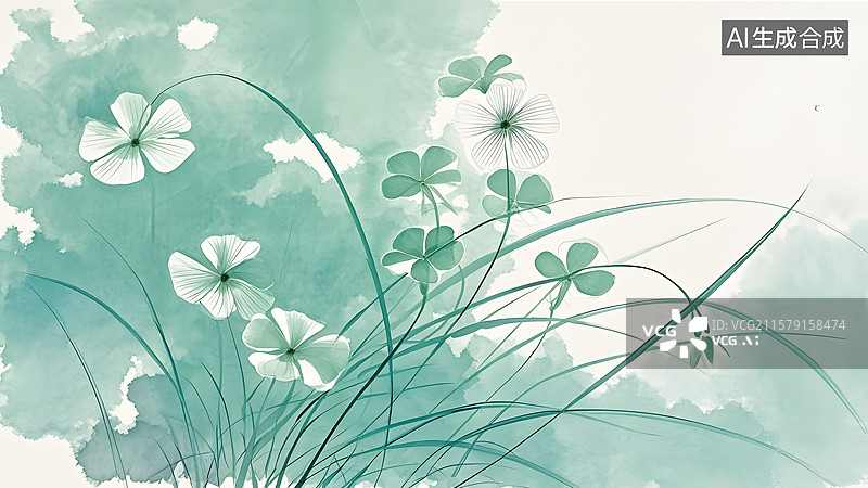 【AI数字艺术】酢浆草苜蓿四叶草幸运草等艺术感水墨插画图片素材
