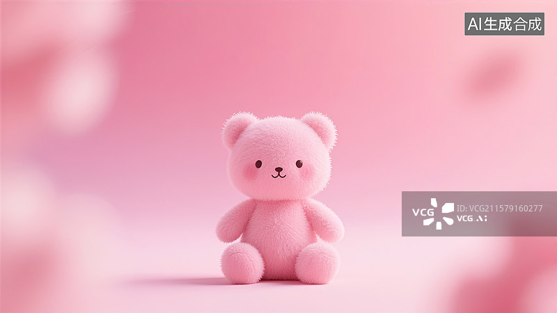 【AI数字艺术】一只粉色毛绒小熊坐在柔和的粉色背景前，显得可爱而温馨图片素材