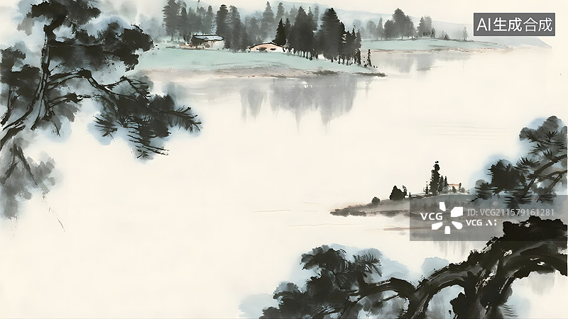 【AI数字艺术】松树河水村长留白水墨画背景图片素材
