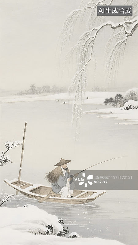 【AI数字艺术】国画孤舟蓑笠翁独钓寒江雪图片素材