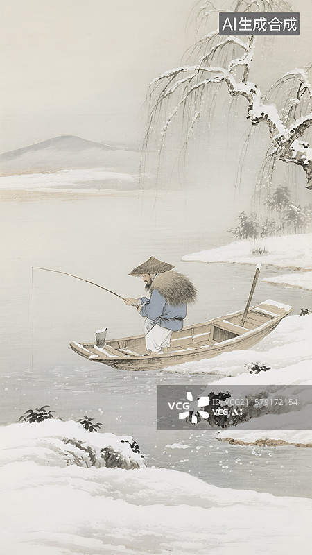 【AI数字艺术】国画孤舟蓑笠翁独钓寒江雪图片素材