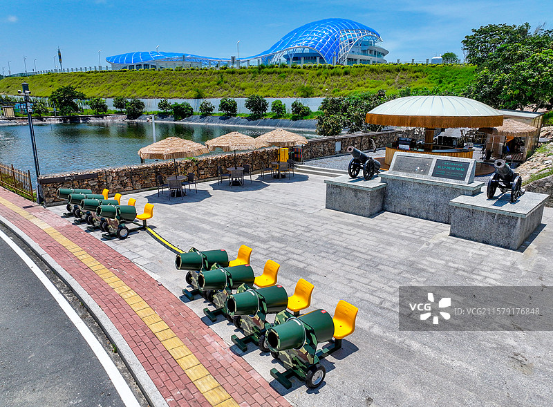 广东省汕尾市城区长沙炮台旧址航拍图片素材