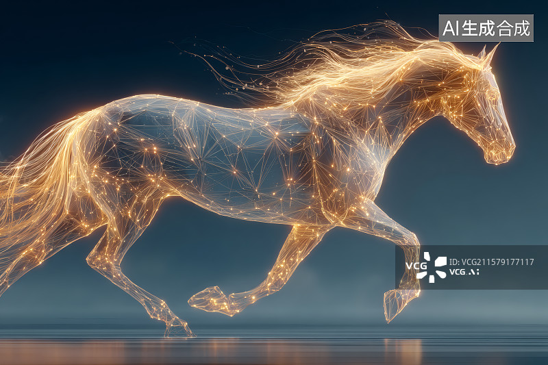 【AI数字艺术】水面上一匹金色的野马在奔跑插画图片素材
