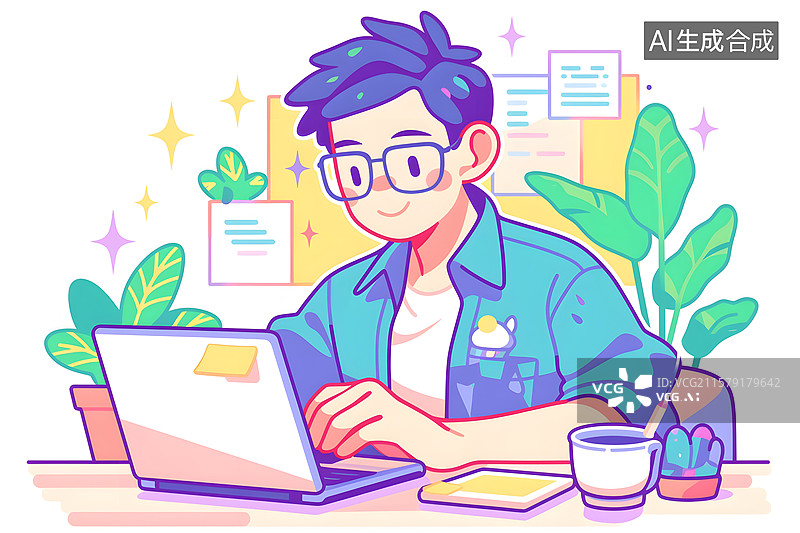 【AI数字艺术】程序员节的员工远程工作插画图片素材
