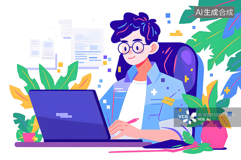 【AI数字艺术】程序员节的员工远程工作插画图片素材
