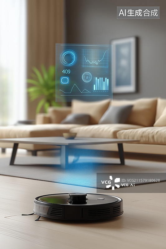 【AI数字艺术】智能扫地机器人在现代客厅中工作图片素材