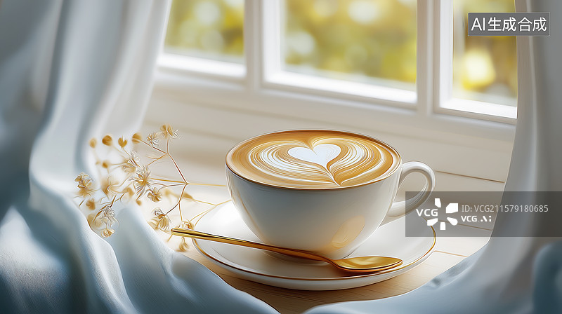 【AI数字艺术】窗边的咖啡杯与心形拉花图片素材