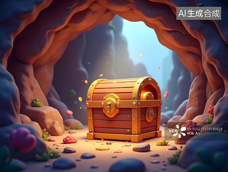 【AI数字艺术】洞穴中的宝藏三维渲染插图图片素材