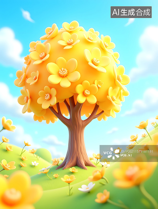 【AI数字艺术】秋天树木枝叶茂盛的3D插画图片素材