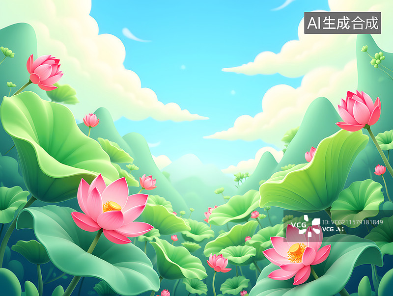 【AI数字艺术】立夏节气的荷花池塘场景插图图片素材