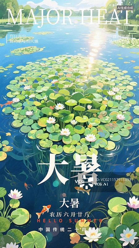 【AI数字艺术】二十四节气大暑竖版海报夏天荷叶荷花睡莲图片素材