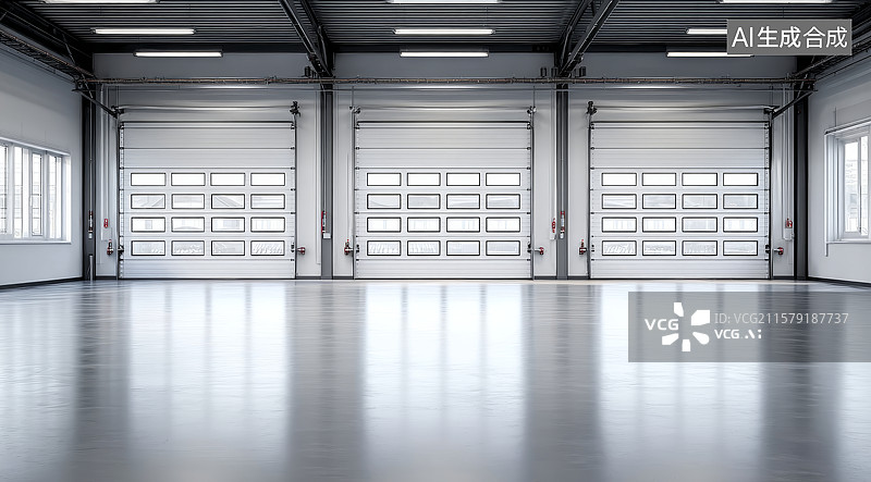 【AI数字艺术】工业厂房内部，三扇大型卷帘门图片素材