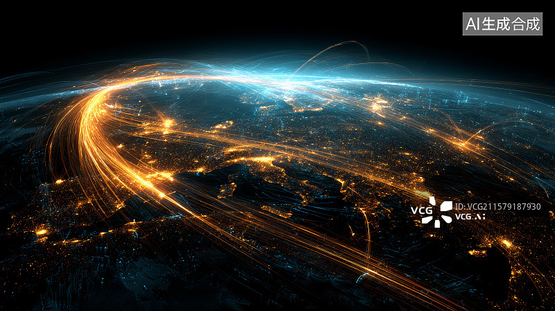 【AI数字艺术】俯瞰地球的全球网络数据流动图图片素材