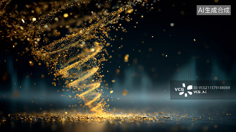 【AI数字艺术】金色粒子螺旋在黑暗背景中闪耀的科技构图图片素材