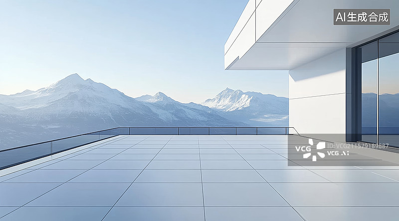 【AI数字艺术】现代建筑露台与雪山景观图片素材