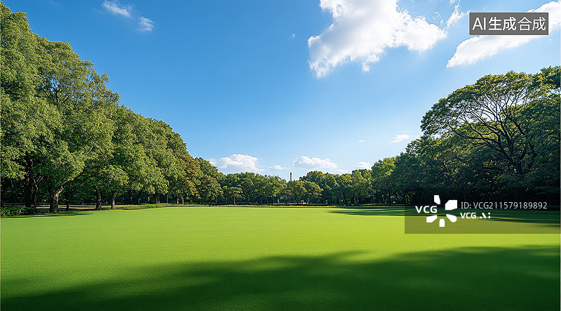 【AI数字艺术】绿茵草地与茂密树林图片素材