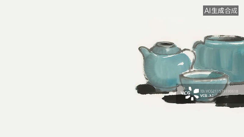 【AI数字艺术】复古中国风水墨画居右背景，汝窑瓷器宋代五大名瓷新国风天青色陶瓷罐子瓶子摆件工艺品茶道茶具杯子器皿图片素材