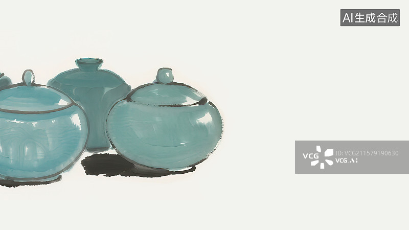 【AI数字艺术】复古中国风水墨画居左背景，汝窑瓷器宋代五大名瓷新国风天青色陶瓷罐子瓶子摆件工艺品茶道茶具杯子器皿图片素材