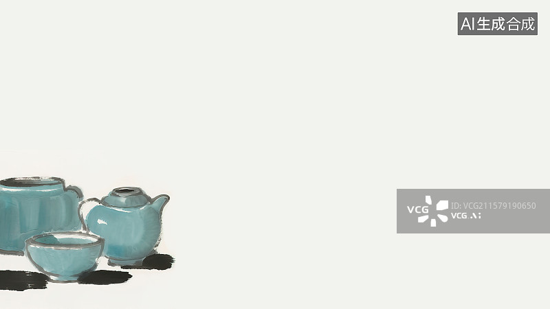 【AI数字艺术】复古中国风水墨画左下背景，汝窑瓷器宋代五大名瓷新国风天青色陶瓷罐子瓶子摆件工艺品茶道茶具杯子器皿图片素材