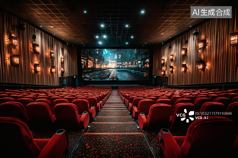 【AI数字艺术】电影院中播放着电影，整齐排列的座椅图片素材