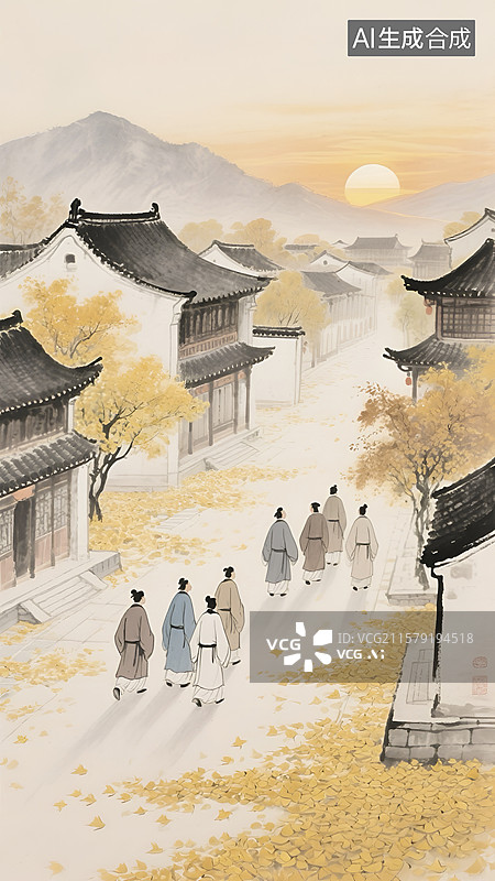 【AI数字艺术】中式秋季水乡古建筑风景插画图片素材