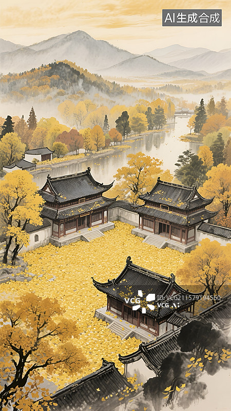 【AI数字艺术】中式秋季水乡古建筑风景插画图片素材