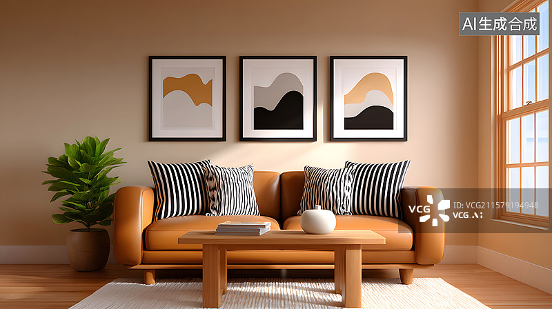 【AI数字艺术】现代简约的室内客厅沙发三维背景图片素材