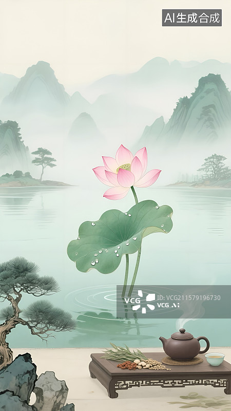 【AI数字艺术】处暑养生凉茶传统水墨插画——禅意荷花图片素材