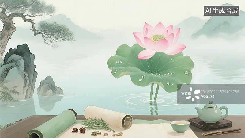 【AI数字艺术】处暑养生凉茶传统水墨插画——禅意荷花图片素材