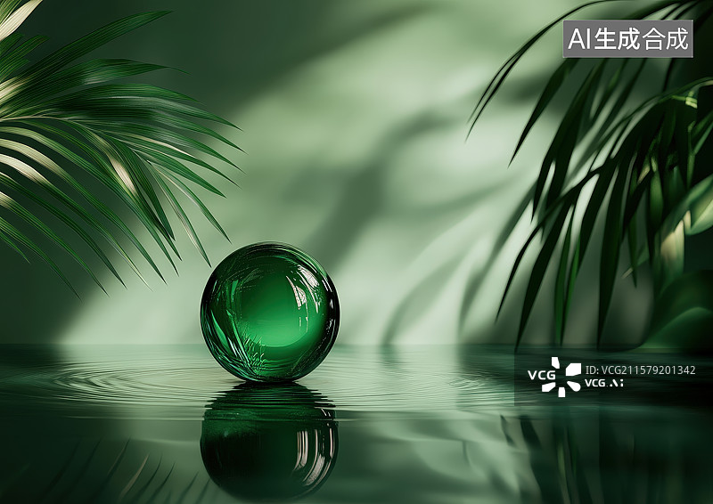 【AI数字艺术】水中放置的圆形玻璃水晶球周边有热带棕榈叶搭配着光影插画背景图片素材