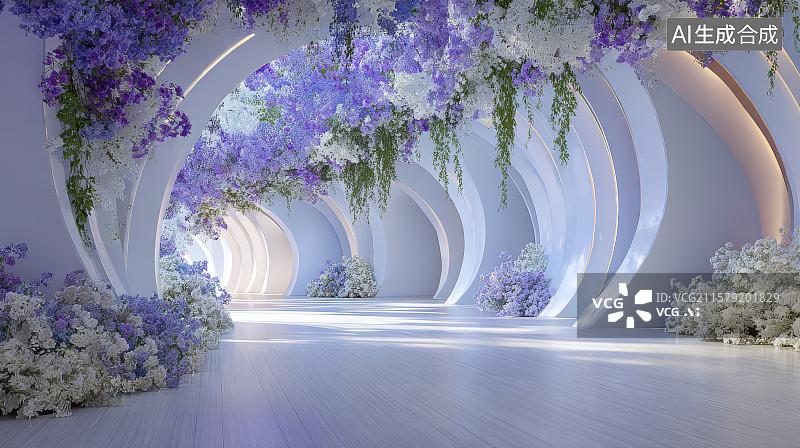 【AI数字艺术】紫藤拱形梦幻空间：自然与建筑的美学融合图片素材