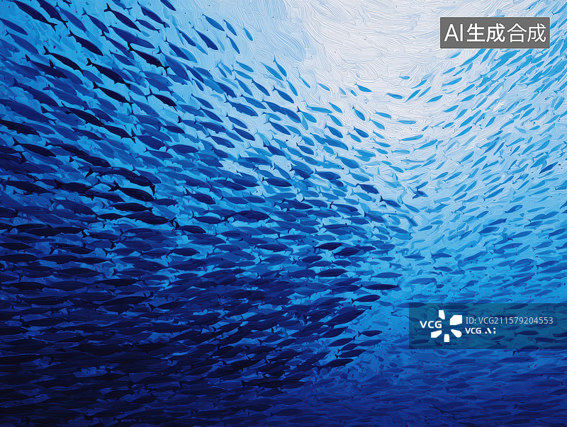 【AI数字艺术】群鱼溯空：蓝域间的动态生态交响图片素材