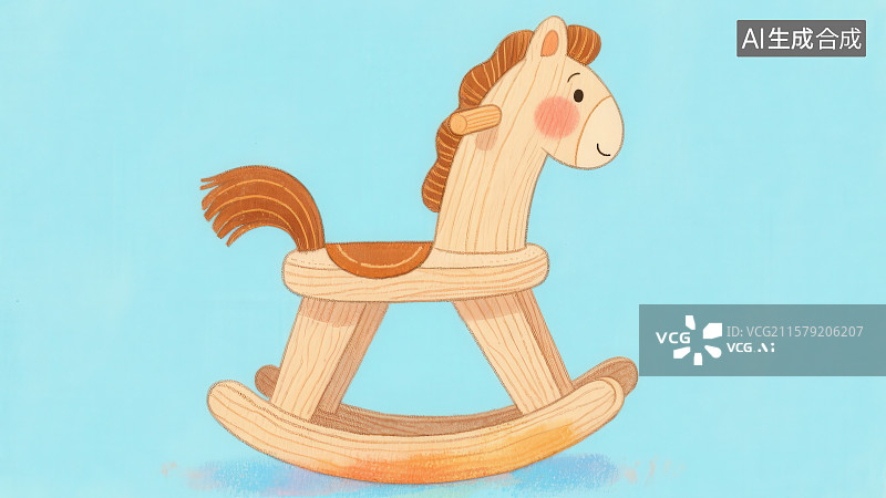 【AI数字艺术】蓝色背景下的卡通木制玩具木马图片素材
