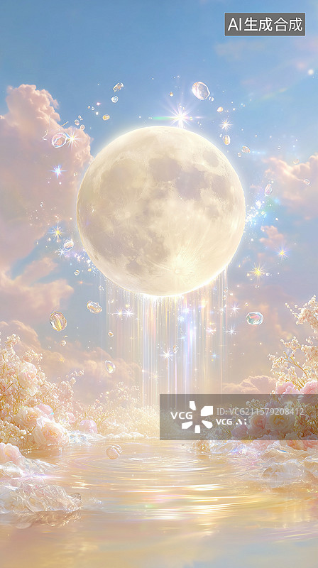 【AI数字艺术】天空中的唯美梦幻月亮图片素材