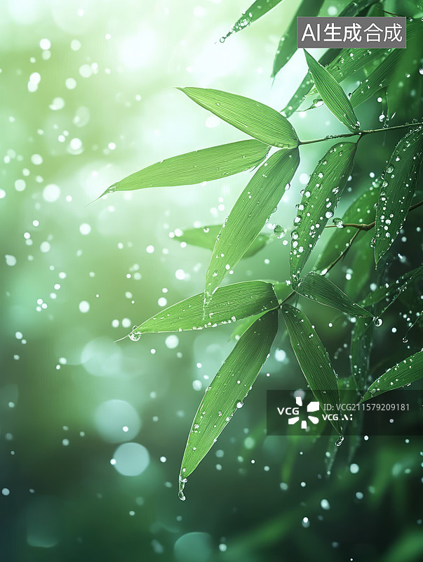 【AI数字艺术】清晨露水绿色竹叶清新背景图片素材