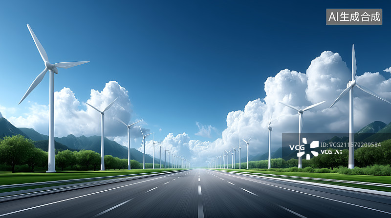 【AI数字艺术】高速公路与风力发电机图片素材