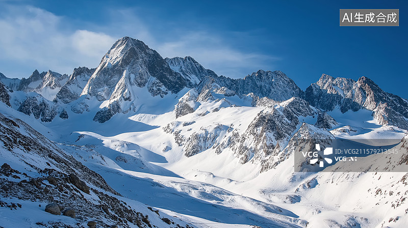 【AI数字艺术】雪山之巅，蓝天映衬图片素材