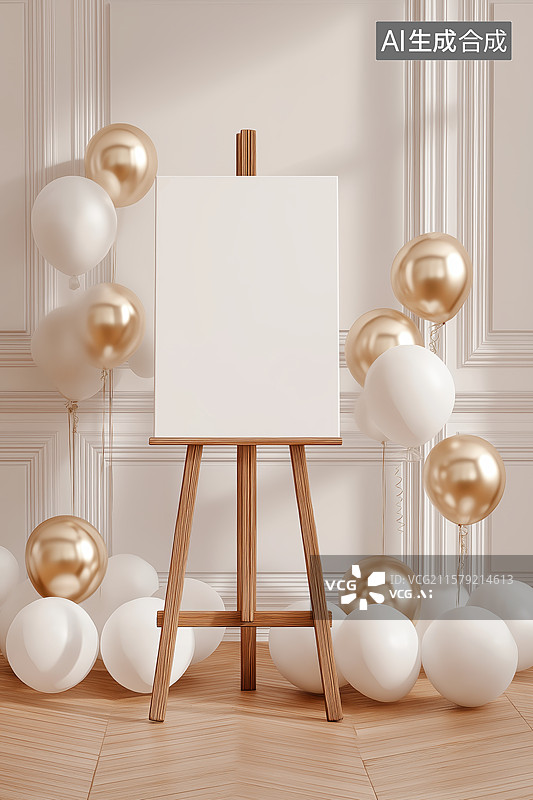 【AI数字艺术】画架与气球装饰的室内场景图片素材