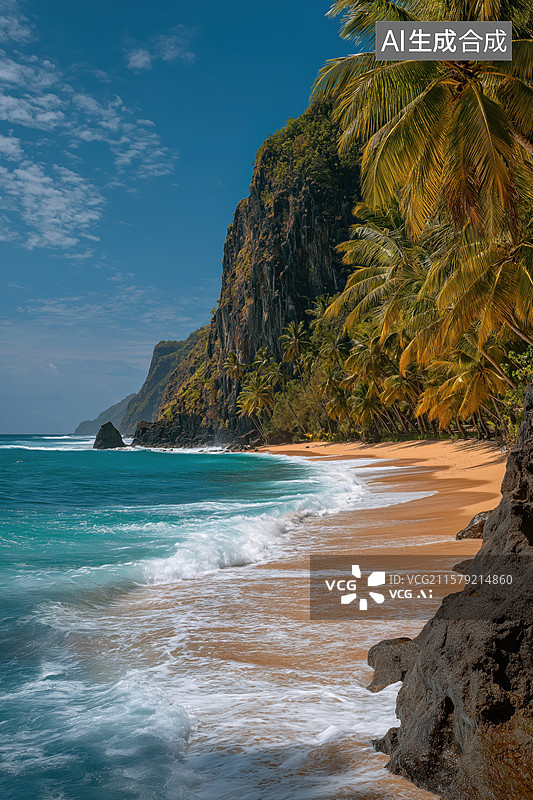 【AI数字艺术】热带海滩与岩石山景图片素材