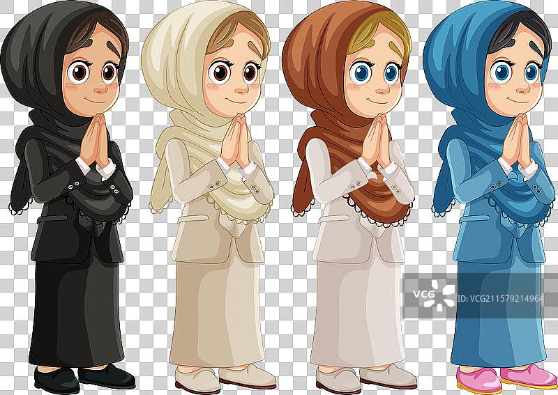 四个戴着不同颜色头巾的穆斯林女孩图片素材