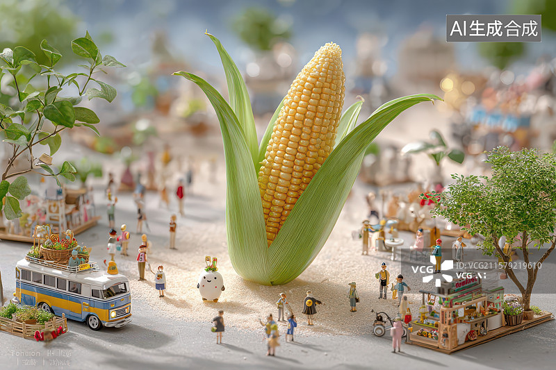 【AI数字艺术】城市微观景观中的巨型玉米雕塑图片素材